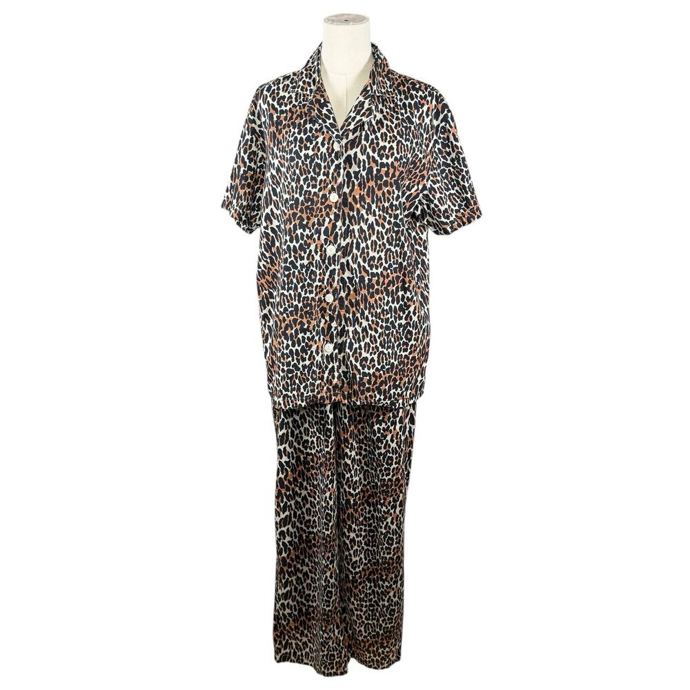 Allison Rhea 100% Cotton Pajama Set Leopard Print Button Top Pants Medium - Picture 2 of 13